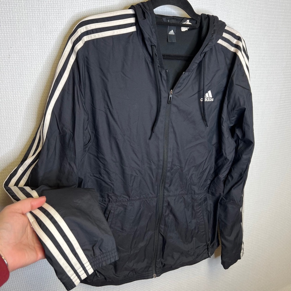 Adidas Mens Black 3-Stripe Full Zip Hooded Windbreaker‎ Jacket Size Medium